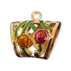 Metalen messing sjaalhanger of sjaal bails enamel, met bloem,  38 x 39 x 17mm, oogje 5mm, gat: 13 x 25mm