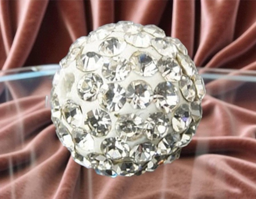 2 x Shamballa kraal 10 mm – wit met Crystal steentjes – rijggat ca. 2 mm