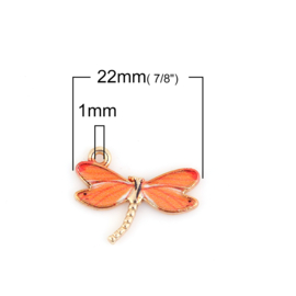 2 x vergulde bedel libelle met epoxy oranje rood afm. 22 x 17mm oogje: 1mm