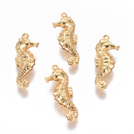 1 x  RVS 304 Zeepaardje Bedeltje Real 18K Gold Plated,26,5 x 10 x 4mm, Oogje: 1mm