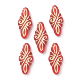 10 x Ornament Acryl kralen 29,5 x 14 x 5,5mm, Gat: 1,4mm rood goud