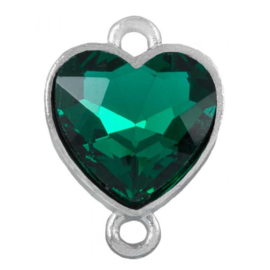 Tussenstuk Crystal glas hartje ♥ 19 x 14 x 6,5 mm oogjes: 2mm Deep Green
