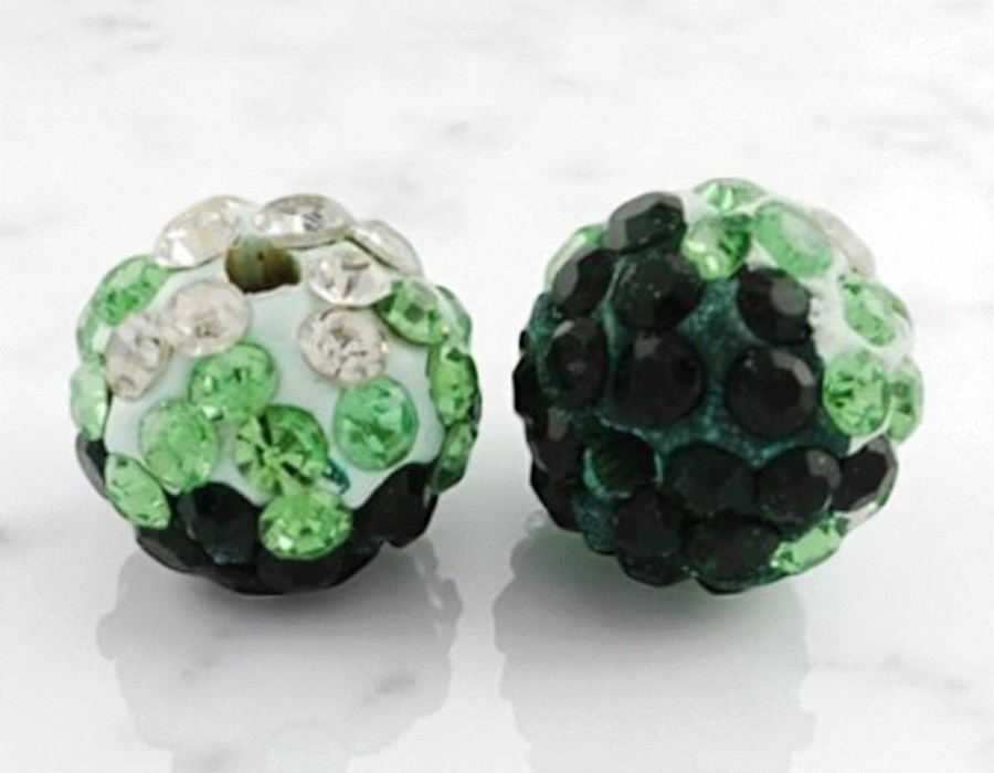 2 x  Shamballa kraal 10 mm – groen-wit – rijggat ca. 2 mm