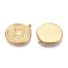1 x  PVD Vacuum Plating RVS 201 Munt Bedeltje Kompas Real 18K Gold Plated, 21 x 19,5 x 2,5mm Oogje: 1,4mm