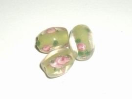 5 x Glaskraal ovaal 12x10mm transparant lime kern en roze bloem