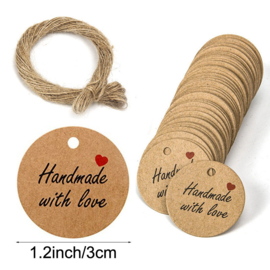 100 x stevige bruine labels prijskaartjes met jute touwtje handmade with love 30mm diameter x 0,4mm  gat 4.5mm ♥