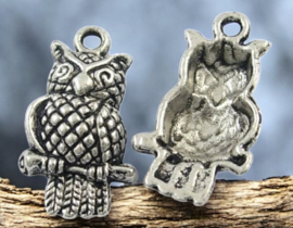 6 x Metalen bedel van een uil, antiek zilverkleur afm. 22 x 12 x 4,5mm, oogje: 2mm