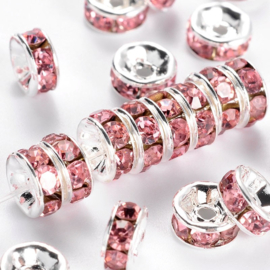 25 x Metalen Kristal Rondellen zilver kleur 6 x 3mm gat: 1mm Roze (Nikkelvrij)