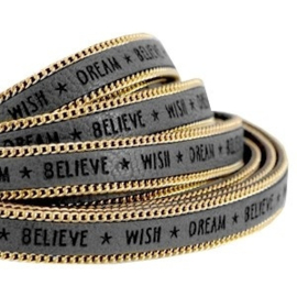 20 cm Quote imi leer 10mm met schakelketting goud - Believe Wish Dream - Cool Grey ♥