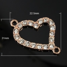 Prachtige tussenzetsel hart Rose Gold met strass 22,5 x 31 x 2,5mm Gat: 2mm