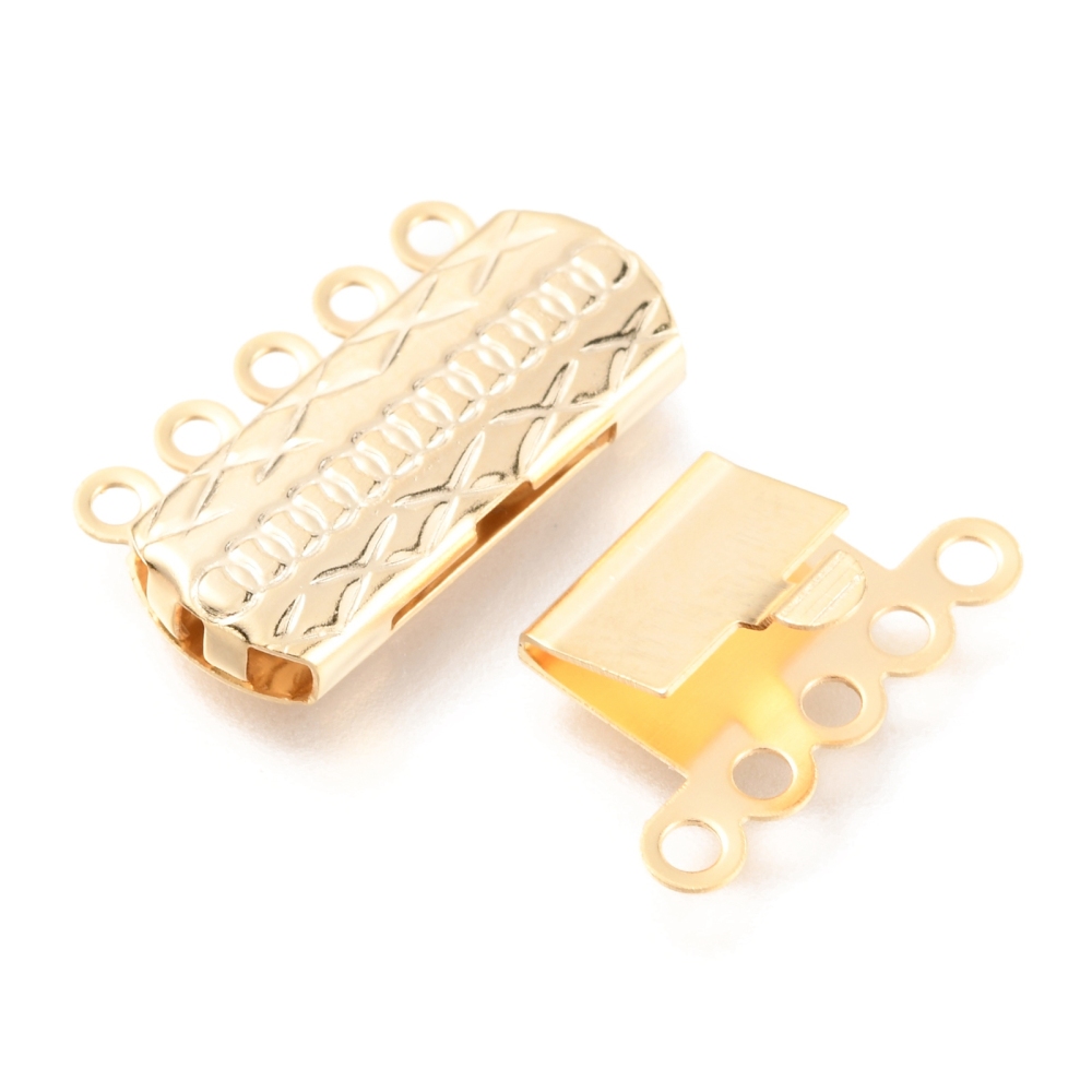 1 x Tarnish Resistant 304 RVS boxsluiting – 5-strengs – 10 gaatjes – rechthoek met patroon – goud kleur – 19,5 x 14 x 3 mm – gat ca. 1,4 mm