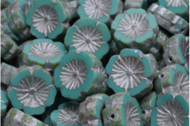 2 x  Tsjechische Glaskralen TCB Table Cut Beads Hawaiian Flower Beads 14x14mm mint groen