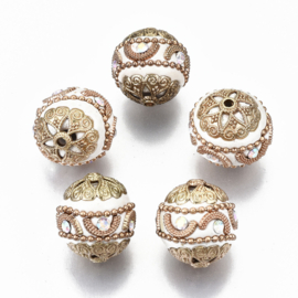 Handgemaakte Bohemian kraal, Kashmiri kraal 20mm ingelegd metaal & strass wit met goud