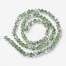 1 x Streng met ca. 113–115 glaskralen facet rondelle briolette kristal – 4 x 3 mm – gat 1 mm – Dark Sea Green AB Plated