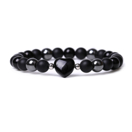 1 x Armband – obsidiaan, hematiet en zwarte kralen – elastisch – ca. 19 cm – met hart en metalen accenten