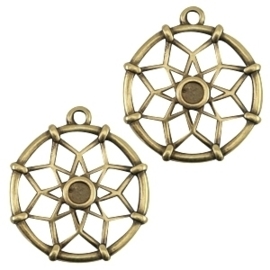 2x DQ metalen bedels dreamcatcher ca. 21 x 18mm  (voor Swarovski SS16 flatback) geel koper kleur