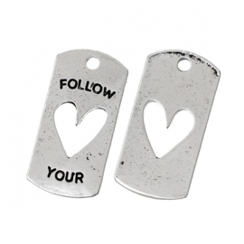 2 x Metalen Bedel Antiek Zilver Follow your heart maat: 20x10 mm ♥ (Nikkelvrij)