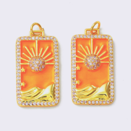 1 x Bedel emaille rechtoek oranje zon 18K gold plated Afm: 27 x 14 x 3,5mm  Ø3,4mm (Nikkelvrij)