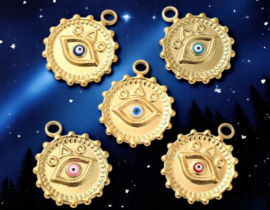1 x RVS 304 Ion Plating (ip) ronde bedel met evil eye, 18K Gold plated 21,5 x 18 x 2mm oogje 2,5mm