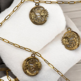 1 x Ion Plating (IP) RVS 201 Maan, zon sterren Bedeltje Real 18K Gold Plated, 23,5 x 20 x 2,5mm, Oogje: 2mm