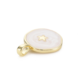 Bedel rond ster wit, 16K goldplated 20,5 x 15,5 x 4,5 mm oogje 2.5 x 3mm (Nikkelvrij)