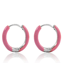 2 x  Roestvrij stalen (RVS) Stainless steel oorbellen creolen enamel 14mm Thulian pink-silver