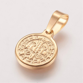 1 x  Ion Plating(IP) RVS 304 Saint Benedict  bedel Goud kleur,  16 x 13 x 2mm met bails hanger:  6x 4mm