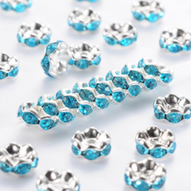 25 x Metalen Kristal Rondellen zilver kleur 8 x 3,8mm gat: 1,5mm Aquamarine  (Nikkelvrij)