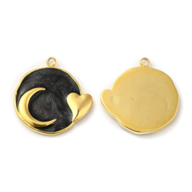 1 x RVS 304  Bedel rond maan en hartje Black, 18K goldplated 17,5 x 17 x 2mm oogje: 1,4mm