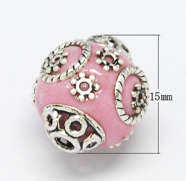 Handgemaakte Bohemian kraal, Kashmiri kraal 15x16 mm ingelegd met metaal en strass Gat: 2mm pink