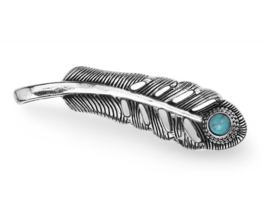 1 x Metalen bedel veer 57 x 16mm, antiek zilverkleur met turquoise steentje oogje 9,2 x 3,7mm