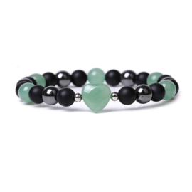 Armband – groene aventurijn, hematiet en zwarte kralen – elastisch – ca. 19 cm – met hart en metalen accenten
