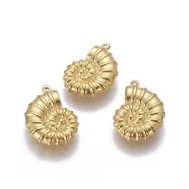 1 x  RVS 304 Schelp Bedeltje Real 18K Gold Plated, 21 x 15 x 4~4,1mm, Oogje: 1mm