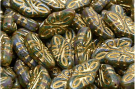 2 x Tsjechische Glaskralen Ornamental Arabesque Beads 19x9mm grijs groen goud