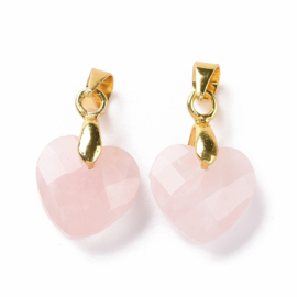1 x Edelsteen bedel hart Rozenkwarts 12 x 11 x 5 mm – oogje 4,5 x 3,5 mm – goudkleur