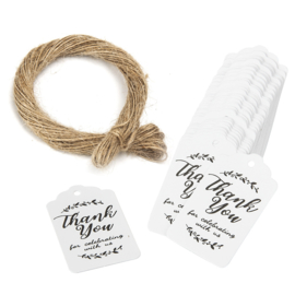 100 x witte stevige kartonnen labels met de tekst "Thank you" - Afm.  5x3cm