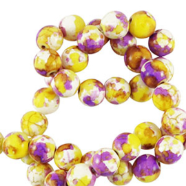 10 x Kralen keramiek 6mm White-yellow purple (Ø1.3mm)