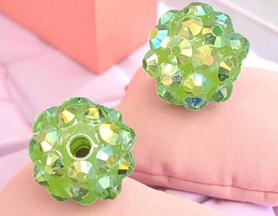 2 x Resin rhinestone kralen 10 mm – lime – rijggat ca. 2,2 mm