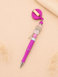 1 x Handgemaakte kralenpen met strass, sierkraal en uittrekbaar koord ca. 14 cm – roze