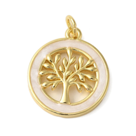 1 x Bedel wit emaille rond Tree of life, 18K Gold plated 20 x 17,5 x 3mm oogje 3mm