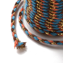 1 rol Metallic gevlochten koord – katoen/polyester mix – 1,5 mm – Royal Blue/Orange met goudkleurige draad – 4 meter