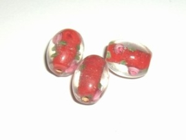 4 x Glaskraal ovaal 13x11mm transparant rode kern met bloemen