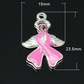 2 x Pink Ribbon bedeltje met strass steentje 15 x 23,5 x 2mm gat: 1,5mm ♥