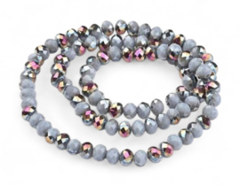 1 x Streng met ca. 100 glaskralen facet rondelle briolette kristal – 6 x 4 mm – gat 1 mm – Gray AB Plated