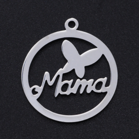 1 x Non-Tarnish RVS 201 Ronde Mama vlinder bedel  laser cut ,  22,5 x 19,5 x 1mm oogje:  1,4mm