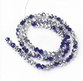 1 x Streng ca. 63~65 Glaskralen transparant facet rondelle half silver plated 8 x 6 mm – gat 1 mm – donkerblauw