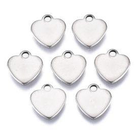 10 x RVS  blanco bedeltjes hart Platinum kleur 10 x 10 x 0,8mm gat: 1,4mm