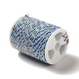 1 rol Metallic gevlochten koord – katoen/polyester mix – 1,5 mm – Cornflower Blue met goudkleurige draad – 4 meter