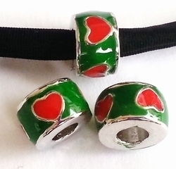 Per stuk European Jewelry kraal rond groen met rode hartjes antiek zilver 11 mm