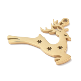 1 x  RVS 304 Hert Rendier Bedeltje Laser cut Real 18K Gold Plated, 20 x 24 x 1mm, Oogje: 1,5mm